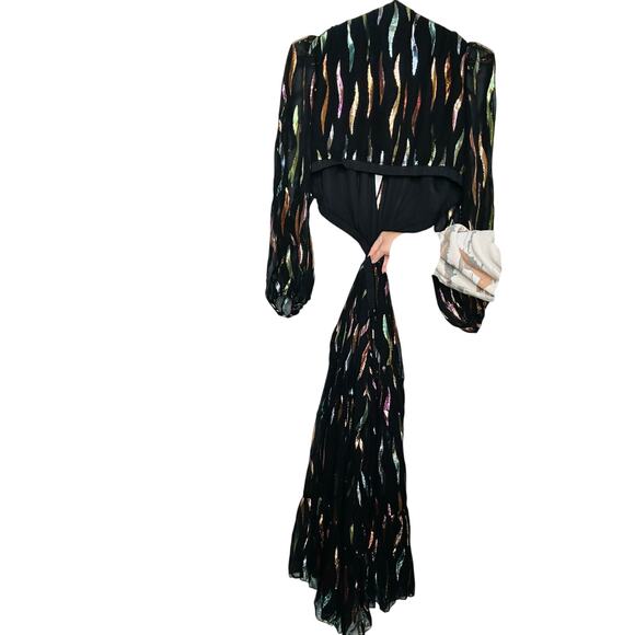 SHOSHANNA Black Georgette Metallic Ribbon Waist Cinching Cutout Randi Dress 14 - Picture 6 of 15